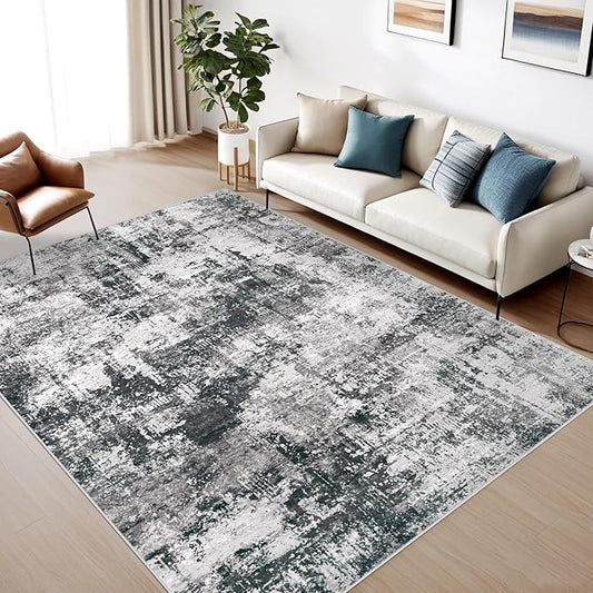 Washable Area Rug 6x9 for Living Room: Abstract Large Rugs Neutral Modern Carpet with Non Slip Backing for Bedroom Dining Room Office (Black Grey, 6'x9')