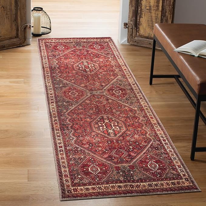 Keen Home Design Machine Washable Area Rugs with Non-Slip Backing, Ideal for Hallway, Living Room, Bedroom, Kitchen and Laundry Room, Vintage Moroccan and Low Pile Rug - (2'6'' x 12'), Red/Brown