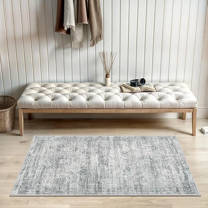2x3 Washable Rugs for Kitchen, Floor, Entryway, Powder Room Small Area Rug Non-Slip Vintage Low Pile Throw Door Mat Grey