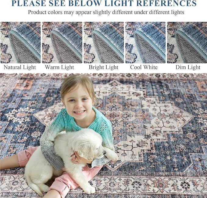 Vintage Area Rug, 9x12 Washable Rugs for Living Room Bedroom Indoor Throw Rug, Distressed Boho Country Accent, Thin Low-Pile Floor Carpet for Kids Pet (Navy/Brown)