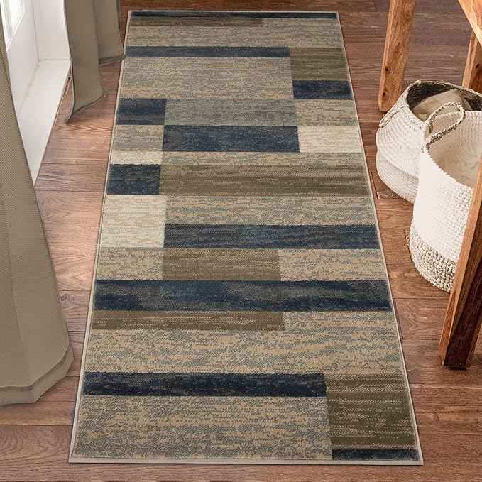 Superior Indoor Runner Rug, Jute Backed, Modern Geometric Patchwork Floor Decor for Bedroom, Office, Living Room, Entryway, Hardwood Floors, Rockwood Collection, 2' 7" x 10', Midnight Navy