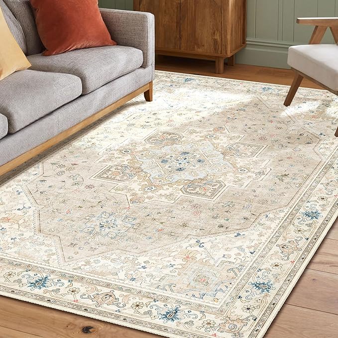 Beige Boho Rug 3x5 Small Vintage Rugs for Kitchen Living Room Bedroom Bedside Bathroom Office Soft Low Pile Non Slip Floor Carpet