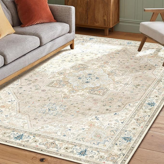 Beige Boho Rug 3x5 Small Vintage Rugs for Kitchen Living Room Bedroom Bedside Bathroom Office Soft Low Pile Non Slip Floor Carpet