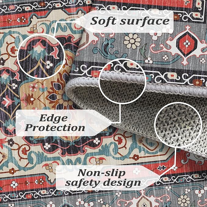 Washable Area Rugs 5'x7' Living Room, Non Slip Boho Vintage Low Pile Large Rugs for Living Room Stain Resistant for TribalBedroom, Farmhouse, Dining Room, Kids Playroom