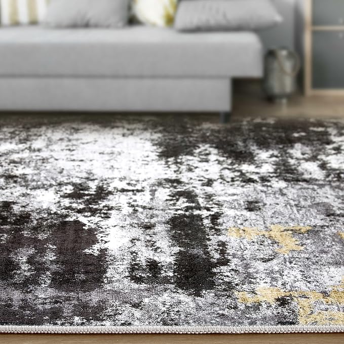 Washable Rug 8x10 Area Rugs for Living Room: Modern Abstract Neutral Soft Large Rug for Bedroom Dining Room Under Kitchen Table Home Office Decor - Black Gold