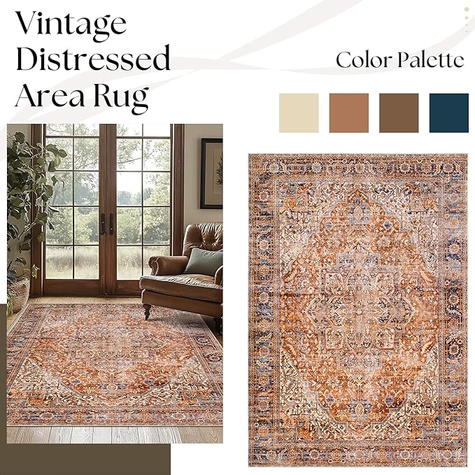 Washable Boho Area Rugs 9x12 Living Room Bedroom Under Table,Easy to Clean Vintage Floral Bohemian Rustic Western Style Large Rug for Dining Room,Terracotta Rust and Burnt Orange,9 by 12