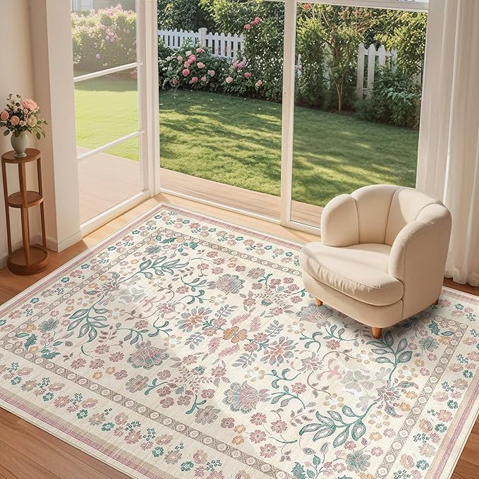 5x7 Area Rug Living Room Rugs Thickened - Washable Boho Vintage Floral Large Soft Non Slip Thin Rug Low Pile Carpet for Bedroom Dining Room Kids Playroom Office Decor Indoor- Pink 1