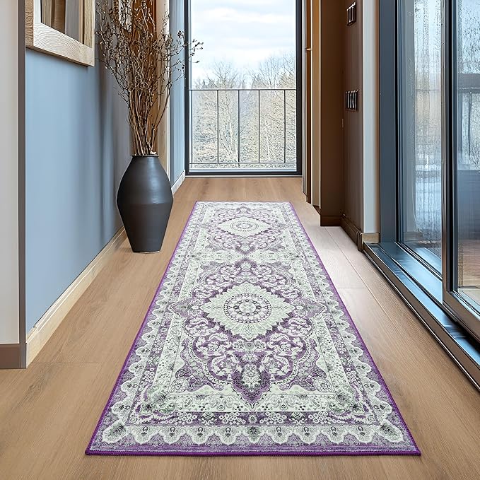 Foxmas Hallway Runner Rug, 2x6 Vintage Kitchen Runner Area Rugs Non Skid Washable, Low Pile Throw Rugs with Rubber Backing Carpet for Laundry Room Entryway Bedroom Home Decor, Purple