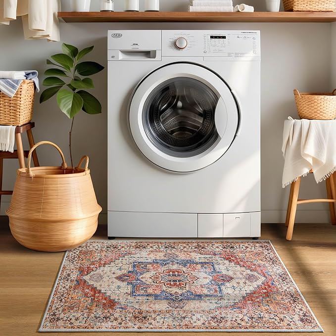 YJ.GWL Doormat Boho Area Rug 2x3, Machine Washable Small Low Pile Lightweight Thin Entryway Rug, Floral Vintage Distress Print Pattern Carpet for Entrance Kitchen Bedroom, Orange