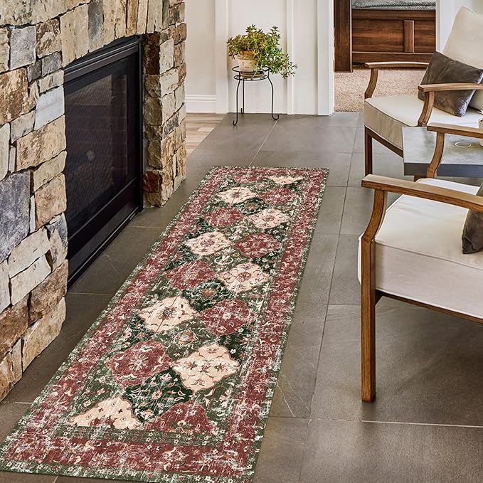 Boho Vintage Area Rugs 2×6 Washable Non-Slip Traditional Red and Green Runner Rug for Hallway Kitchen Entryway