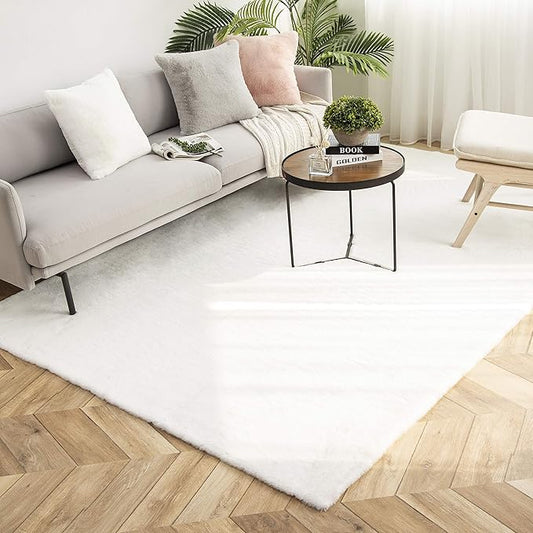 Ashler Faux Fur Rug, Ultra Soft Faux Rabbit Fur, White Area Rugs, 5 x 7 Feet Rectangle, Machine Washable Nursery Decor Throw Rugs for Bedroom, Kids Room, Living Room