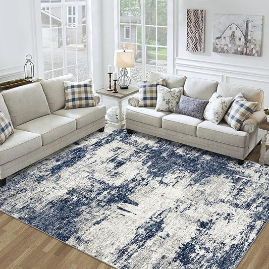 Washable Rug 6x9 Area Rugs: Soft Large Living Room Rug with Anti-Slip Backing Non-Shedding Stain-Resistant Modern Abstract Carpet for Bedroom Dining Room Nursery Home Office-Gray/Blue