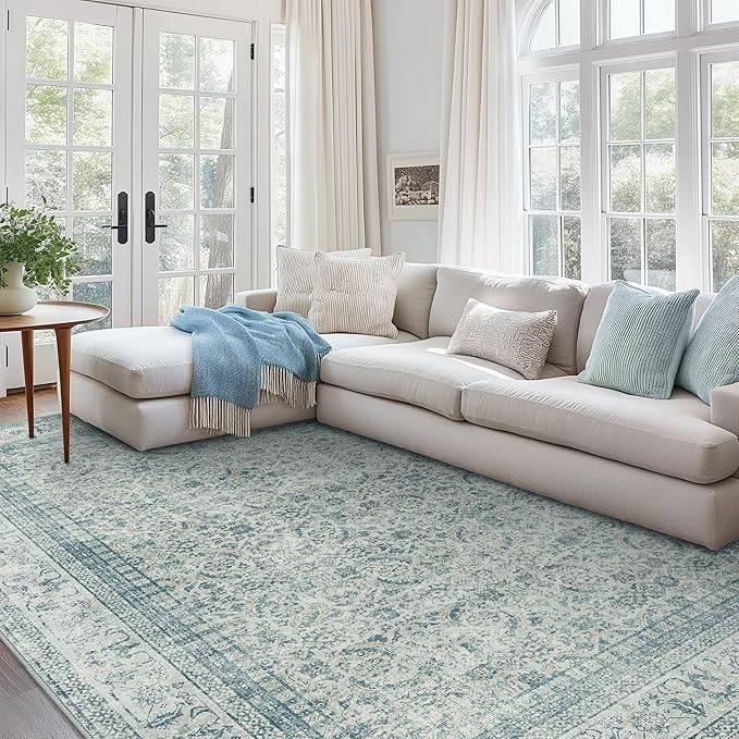 Area Rugs for Living Room 9x12 Machine Washable Rug, Boho Vintage Retro Floral Carpet for Bedroom Dining Room, Low Pile Lightweight Non Slip Rug, Blue
