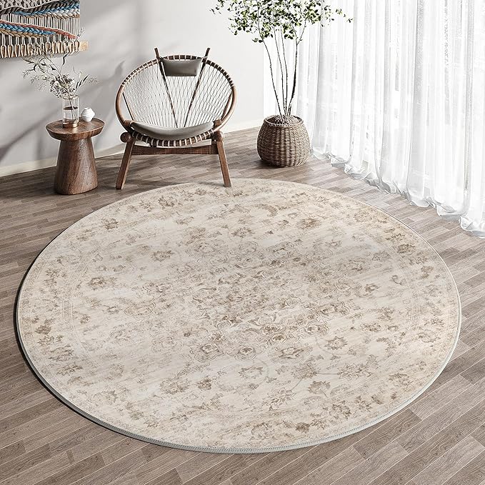 3x3 Washable Neutral Round Rug Beige Entryway Kitchen Non-Slip Low Pile Floral Area Rug Vintage Soft Thin Carpet for Entrance Bathroom Indoor Door Mat Dorm Dining Room