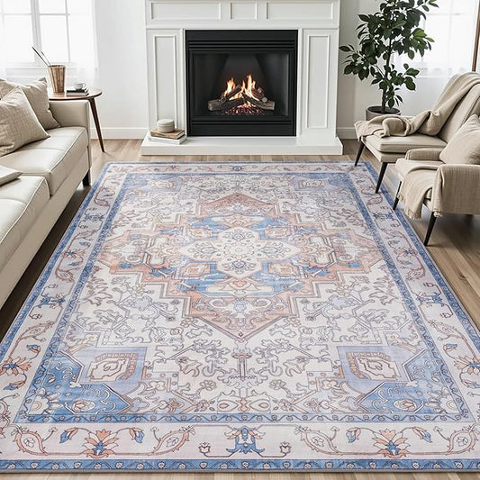 Carvapet Rugs for Living Room, Vintage Low Pile Large Carpet with Rubber Backing, Foldable, Non Slip Machine Washable (10 x 8 Feet Rectangular, Orange/Blue Area Rug)