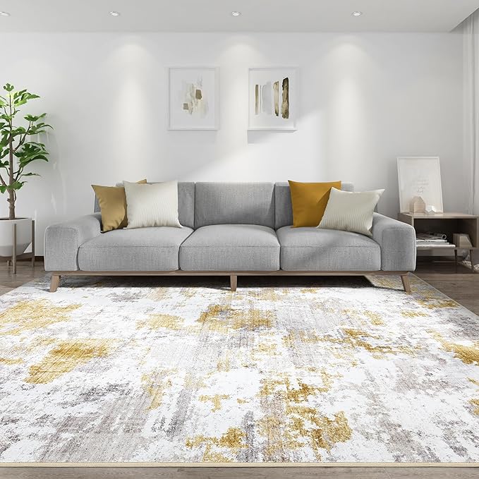 Washable Rug 9x12 Area Rugs for Living Room: Modern Abstract Neutral Soft Large Rug Bedroom Dining Room Under Kitchen Table Home Office Decor - Grey Gold