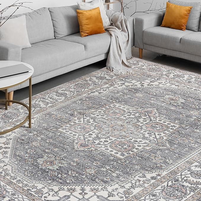 Vintage Area Rug, 8x10 Washable Rugs for Living Room Bedroom Indoor Throw Rug, Distressed Boho Country Accent Rugs, Thin Low-Pile Floor Carpet for Kids Pet (Brown)