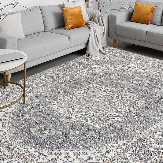 Vintage Area Rug, 8x10 Washable Rugs for Living Room Bedroom Indoor Throw Rug, Distressed Boho Country Accent Rugs, Thin Low-Pile Floor Carpet for Kids Pet (Brown)