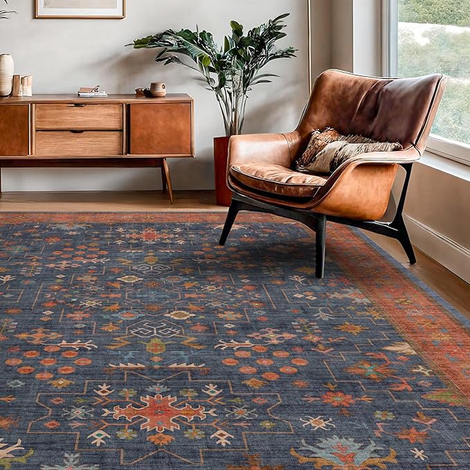 Washable Kitchen Rugs, 3x5 Area Rug for Large Entryway Indoor, Kitchen Mat, Small Rug for Living Room - Stain Resistant Non Skid Non Slip Rubber Backing, Boho Aethestic Décor (3x5 Navy Blue)