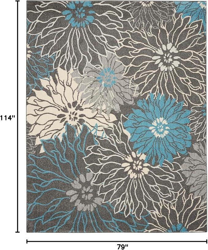 Nourison Passion Charcoal/Blue 6'7" x 9'6" Area Rug, Floral, Farmhouse, Easy Cleaning, Non Shedding, Bed Room, Living Room, Dining Room, Kitchen, (7' x 10')