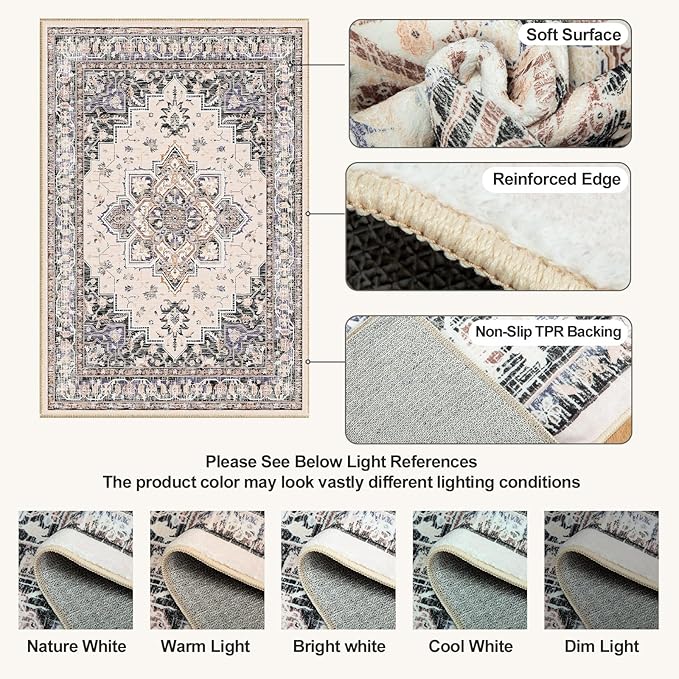 BESTSWEETIE 6ft Area Rugs for Living Room, Washable Ultra Soft Boho Vintage Print Pattern Rug Non Slip Low Pile Carpet for Dining Room Bedroom Entryway Indoor-Khaki/Beige/Purple/Black