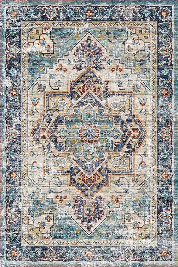 Yancorp 3'x5' Boho Area Rug for Bedroom Non Slip Washable Rug Vintage Carpet Living Room Indoor Door Mat Bedroom Kitchen Entryway Rug for Entrance Lake Blue