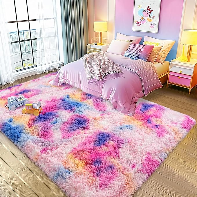 Ultra Fluffy Area Rugs for Living Room Bedroom, 6x9 Fuzzy Large Living Room Rugs, Thick Shag Rug for Dorm, Soft Non Slip Kids Girls Boys Rug for Home Decor Aesthetic, Dark Rainbow