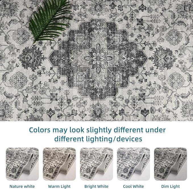 Dripex 8x10 Area Rugs, Machine Washable Non Slip Distressed Boho Rugs,Large Area Rug for Bedroom Aesthetic, No Pile Lightweight Vintage Rug, Carpet for Living Room Dining Room Apartment Den,Grey