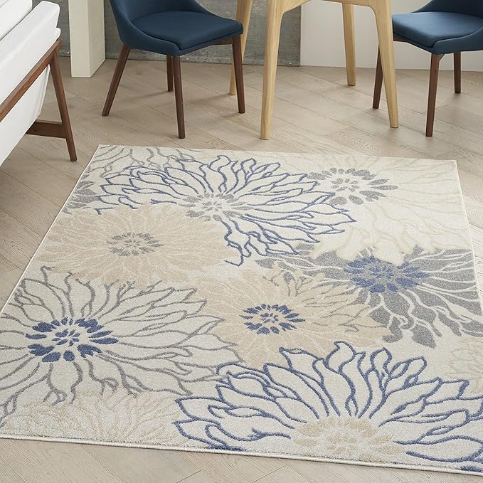 Nourison Passion Ivory Grey Blue 5'3" x 7'3" Area Rug, Boho, Floral, Easy Cleaning, Non Shedding, Bed Room, Living Room, Hallway, (5'3" x 7'3")