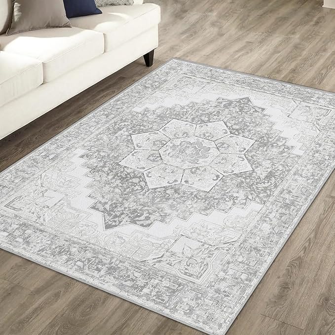 Washable Area Rug 3x5 Boho Entryway Rug Non Slip Soft Vintage Kitchen Rug Oriental Distressed Living Room Bedroom Rugs Indoor Floor Carpet for Bathroom Dining Room Office Entrance Dorm, Grey