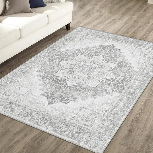Washable Area Rug 3x5 Boho Entryway Rug Non Slip Soft Vintage Kitchen Rug Oriental Distressed Living Room Bedroom Rugs Indoor Floor Carpet for Bathroom Dining Room Office Entrance Dorm, Grey