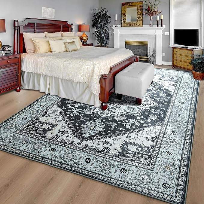 YJ.GWL Large Area Rug for Living Room, 5x7 Machine Washable Boho Rug for Bedroom, Low Pile Lightweight Thin Rugs Floral Vintage Distress Print Pattern Carpet for Dining Room, Clear Blue/Grey