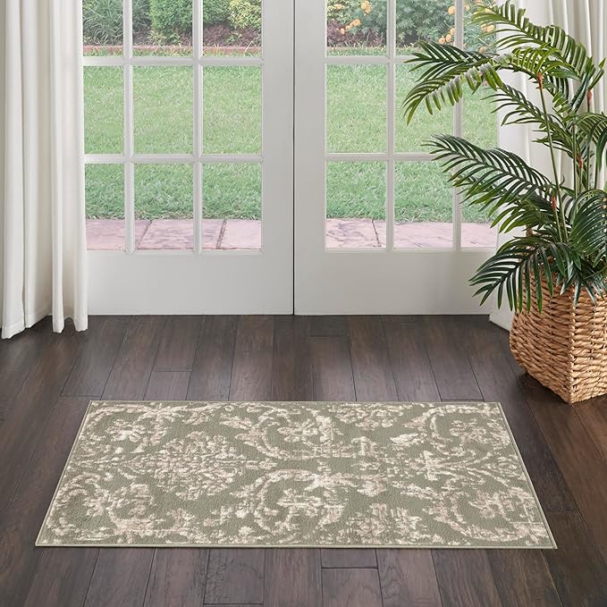 Nourison Jubilant Damask Olive 2' x 4' Area -Rug, Easy -Cleaning, Non Shedding, Bed Room, Living Room, Dining Room, Kitchen (2x4)" }
