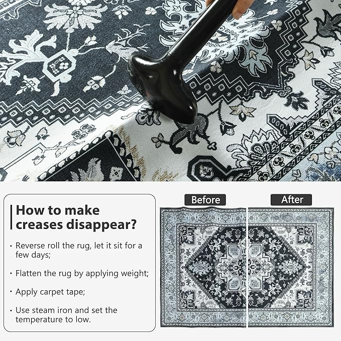YJ.GWL Area Rug for Living Room, 4x6 Machine Washable Boho Rug for Bedroom, Low Pile Lightweight Thin Rugs Floral Vintage Distress Print Pattern Carpet for Dining Room, Clear Blue/Grey