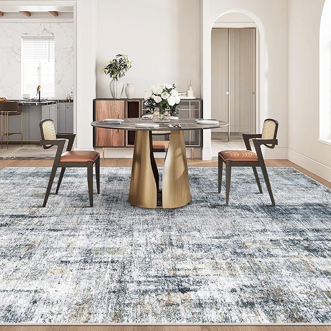 Washable Area Rug 9x12 Living Room Rugs: Abstract Large Rug Neutral Modern Carpet with Non Slip Backing for Bedroom Dining Room Office (Multi Blue, 9'x12')