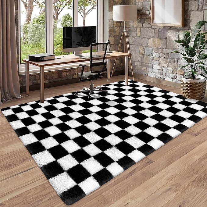 5x8 Ft Large Area Rug for Living Room,Soft Black and White Rug Shag Fluffy Rug for Bedroom Aesthetic Plush Checkered Rugs for Kids Girls Boys Teen Playroom Dorm Classroom Home Decor