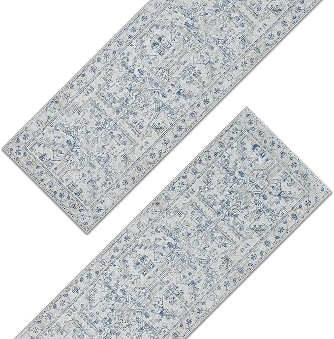 jinchan Kitchen Runner Rug 2x5-2pcs,Vintage Hallway Rug Washable Floral Non Slip with Rubber Backing Soft Carpet Runner for Bedroom Laundry Room Living Room Blue