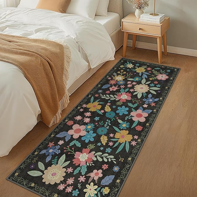 Bavni 2x10 Runner Rug, Long Foldable Floral Rugs for Hallways Kitchen Bedroom Kids Room, Lightweight Machine Washable Non Slip Rubber Rugs Backing, Ultra-Thin Aesthetic Boho Black