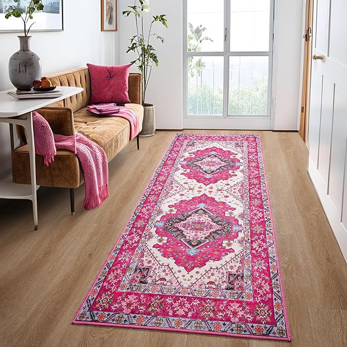 Noahas Hot Pink Hallway Runner Rug 2x6,Vintage Machine Washable Kitchen Runner Area Rugs with Rubber Backing Non Slip Print Carpets for Bedroom Girls,Entryway,Laundry Room,Bathroom,Home Decor