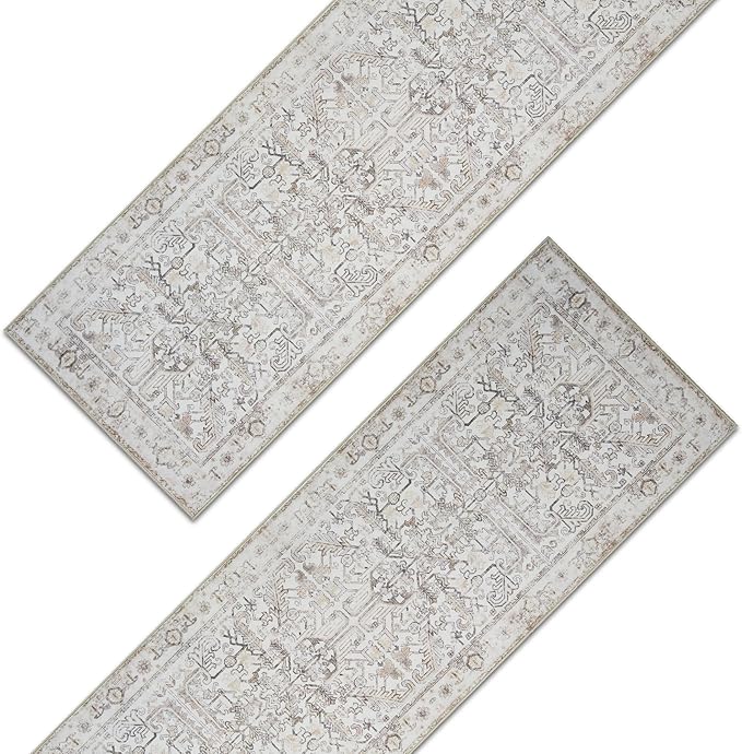 jinchan Kitchen Runner Rug 2x6-2pcs,Vintage Hallway Rug Washable Floral Non Slip with Rubber Backing Soft Carpet Runner for Bedroom Laundry Room Living Room Taupe