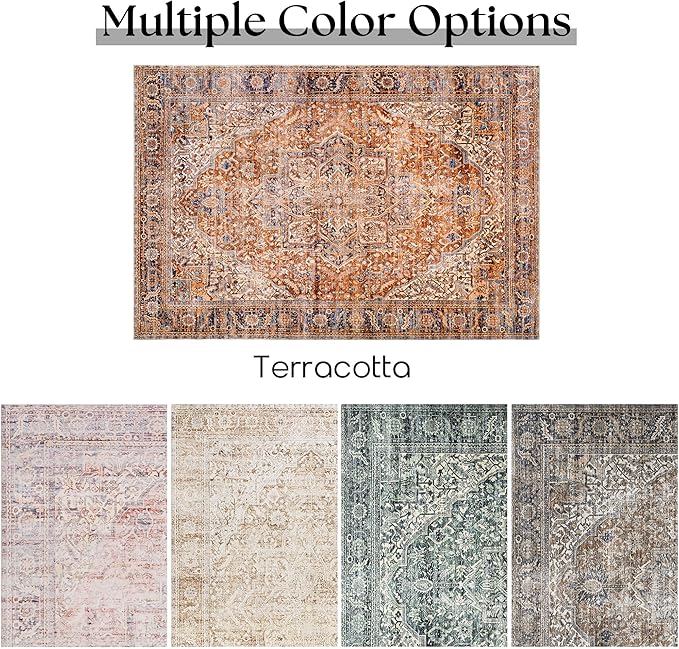 Washable Boho Area Rugs 9x12 Living Room Bedroom Under Table,Easy to Clean Vintage Floral Bohemian Rustic Western Style Large Rug for Dining Room,Terracotta Rust and Burnt Orange,9 by 12