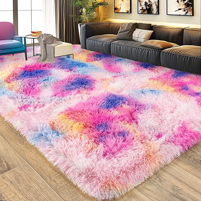 Ultra Fluffy Area Rugs for Living Room Bedroom, 6x9 Fuzzy Large Living Room Rugs, Thick Shag Rug for Dorm, Soft Non Slip Kids Girls Boys Rug for Home Decor Aesthetic, Dark Rainbow
