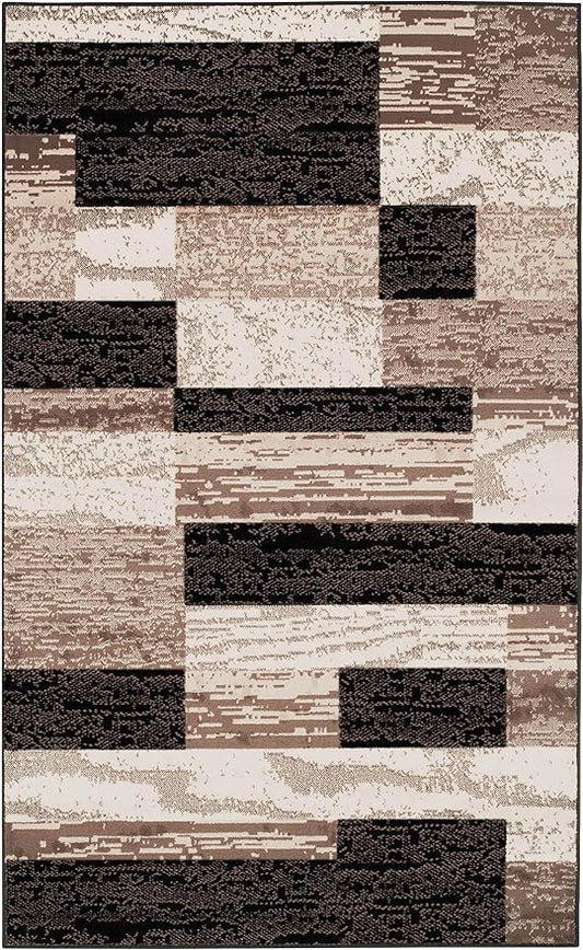 SUPERIOR Indoor Area Rug, Jute Backed, Modern Geometric Patchwork Floor Decor for Bedroom, Office, Living Room, Entryway, Hardwood Floors, Rockwood Collection, 2' x 3', Chocolate