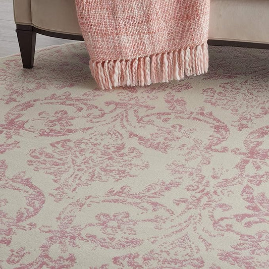 Nourison Jubilant Damask Ivory/Pink 8' x Round Area Rug, Easy Clean, Non Shedding, Bed Room, Living Room, Dining Room, Kitchen (8 Round)