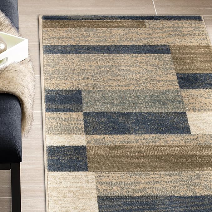 Superior Indoor Runner Rug, Jute Backed, Modern Geometric Patchwork Floor Decor for Bedroom, Office, Living Room, Entryway, Hardwood Floors, Rockwood Collection, 2' 7" x 10', Midnight Navy