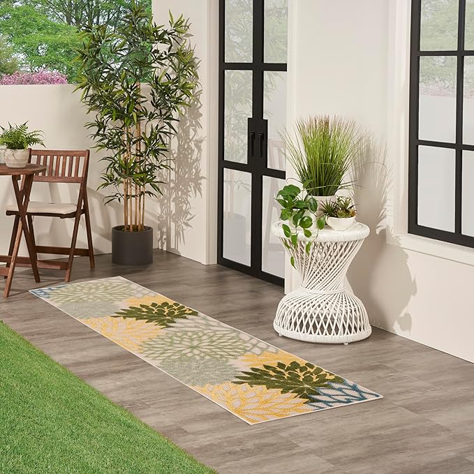 Nourison Aloha Indoor/Outdoor Green Multicolor 2' x 6' Area Rug, Easy Cleaning, Non-Shedding, Bed Room, Living Room, Dining Room, Backyard, Patio, Deck (2x6)