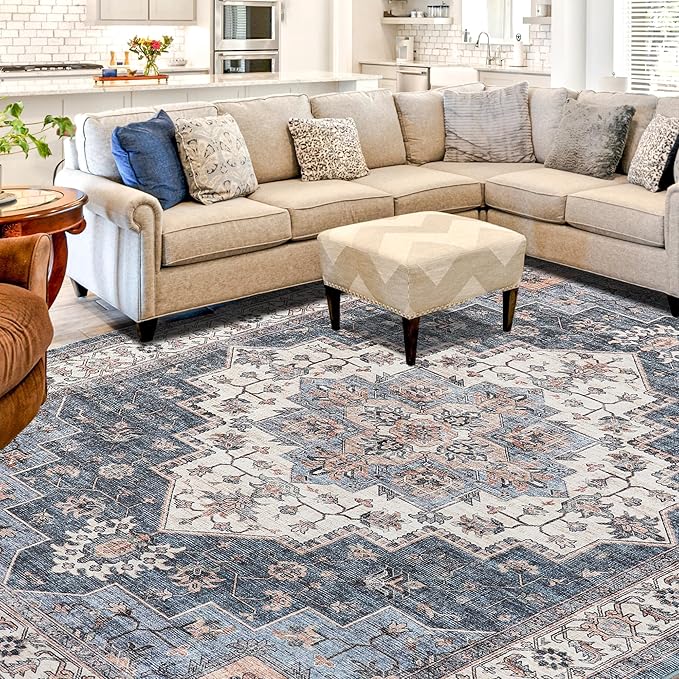 Vintage Area Rug, 9x12 Washable Rugs for Living Room Bedroom Indoor Throw Rug, Distressed Boho Country Accent, Thin Low-Pile Floor Carpet for Kids Pet (Navy/Brown)