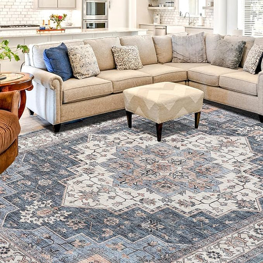 Vintage Area Rug, 9x12 Washable Rugs for Living Room Bedroom Indoor Throw Rug, Distressed Boho Country Accent, Thin Low-Pile Floor Carpet for Kids Pet (Navy/Brown)