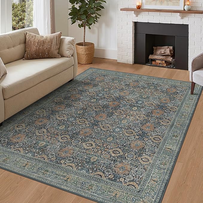 10X12 Area Rugs Machine Washable Rugs for Living Room, Vintage Boho Large Rugs for Bedroom Dining Room, Non Slip Indoor Soft Distressed Lightweight Thin Low Pile Carpet, Beige Blue Grey