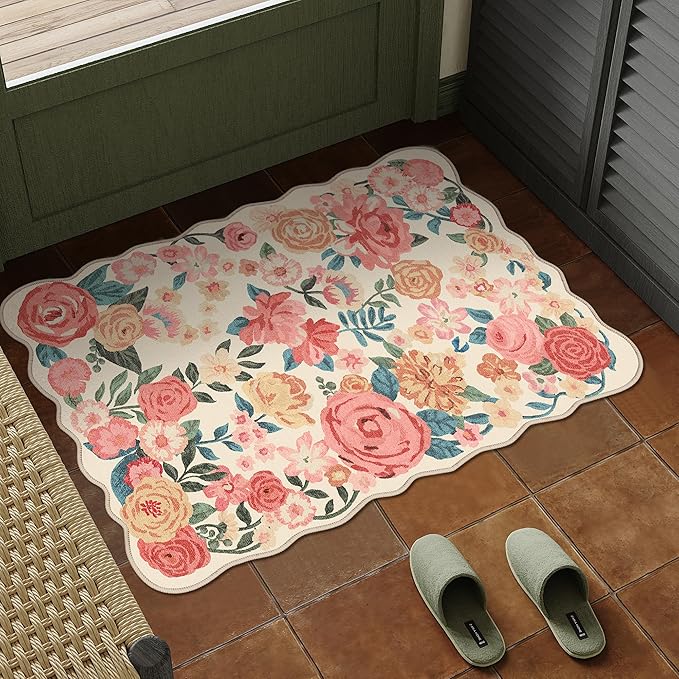 Washable Floral Area Rug 2x3 Beige Small Entryway Carpet Scalloped Flower Non Slip Soft Entrance Door Mat Farmhouse Low Pile Indoor Thin Floor Cover for Bathroom Kitchen Bedroom Laundry Room
